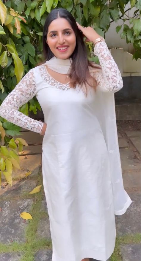 WhatsApp on 9496803123 to customise your handcrafted designer bridal wear with us online. Book your appointment today. We do ship internationally. (Pics for reference) White Long Kurti Designs, Customised Kurti Designs, Churidar Neck Designs Latest Fashion, White Churidar Designs Party Wear, White Kurthis Models Latest, White Hakoba Kurti, White Kurthi Ideas, White Churidar Designs, White Kurta Designs