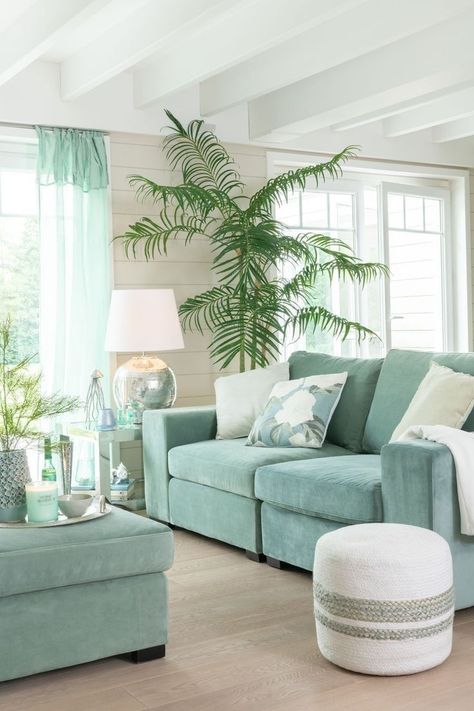 15 Modern Coastal Decor Ideas Your Home Needs | Aesthetic & Chic Coastal Decor Inspiration Palm In Pot, Aqua Living Room, Turquoise Living Room Decor, Living Room Turquoise, Bamboo Palm, Modern Coastal Decor, Coastal Living Rooms, Home Design Living Room, Living Room Green