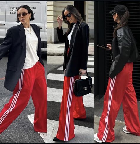 Track Pants Outfit Casual, Sport Pants Outfit, Adidas Track Pants Outfit, Adidas Street Style, Stripe Pants Outfit, Red Pants Outfit, Pants Outfit Work, Looks Adidas, Smart Casual Women Outfits