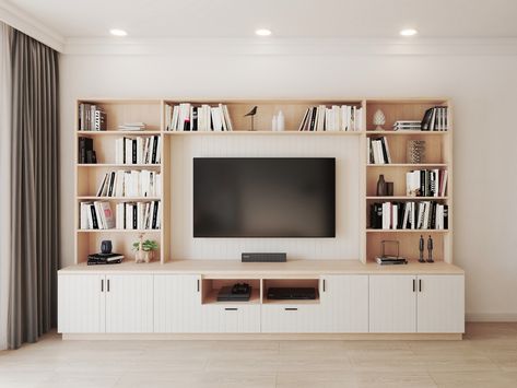 Tv Unit Bookcase, Tv Unit Bookshelf, Minimal Entertainment Center, Living Room With Bookcase Wall, Bookcase With Tv In Middle, Bookcase Wall Living Room, Tv Bookcase Wall, Living Room Joinery, White Tv Wall