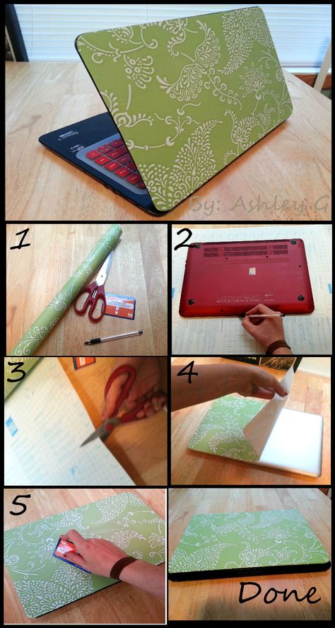 Laptop skin I made from contact paper. $1 at Dollar Tree. All you need is scissors, a pen, and a credit card. Super easy. Laptop Makeover, Laptop Skin Ideas, Washi Tape Keyboard, Laptop Skin Diy, Deco Laptop, Laminating Crafts, Laptop Diy, Laptop Ideas, Laptop Skin Cover