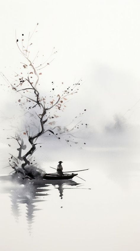 Fisherman Silhouette, Fog Wallpaper, Inspo Sketch, Minimalist Iphone Wallpaper, Image Zen, Chinese Wallpaper, Wallpaper Minimalist, Zen Painting, Japan Painting