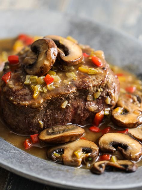 Filet Mignon with Sherry Mushroom Sauce - Grill Momma Black Pepper Recipes, Sauce For Beef Tenderloin, Sherry Mushroom Sauce, Sauce For Beef, Pan Seared Filet Mignon, Cooking Crab, Mushroom Wine Sauce, Herb Butter Recipe, Lemon Caper Sauce