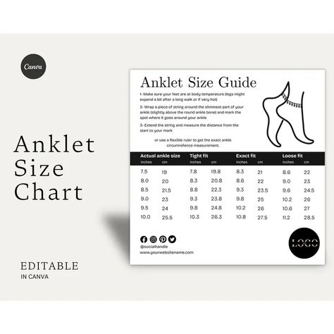 Editable Anklet Size Chart Template, Printable Ankle Bracelet Size Guide, Jewelry Accessory Length Size Card - Etsy Ankle Bracelet Size Chart, Size Chart Template, Bracelet Size Guide, Bracelet Size Chart, Chart Template, Ankle Bracelet, Ankle Bones, Ankle Bracelets, Size Charts