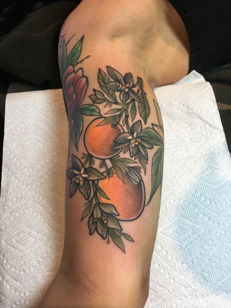 Florida tattoo orange blossom tattoo orange tattoo Rio Vandivier Yuzu Tattoo, Orange Tree Branch Tattoo, Blossom Flower Tattoo, Victory Tattoo, Orange Blossom Flower, Orange Tattoo, Alligator Tattoo, Florida Tattoos, Inner Bicep Tattoo