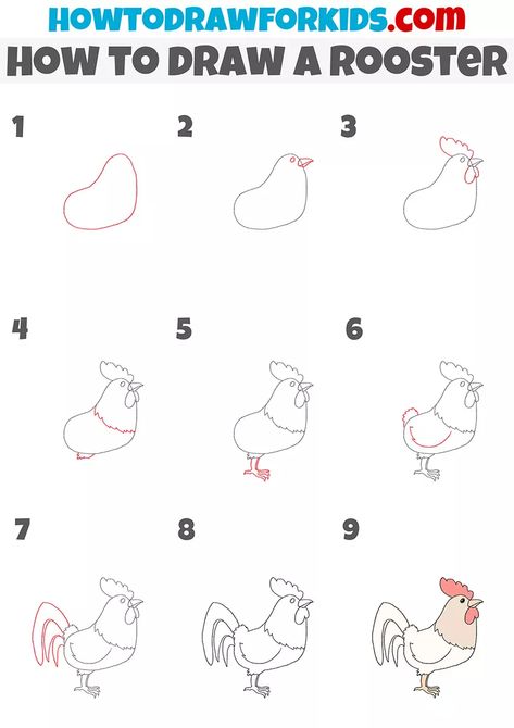 Easy Rooster Drawing, Draw A Chicken Easy, How To Draw A Rooster Step By Step, How To Draw A Rooster, How To Draw A Chicken, Chicken Drawing Easy, Chicken Drawing Simple, Draw A Chicken, Artsy Pants