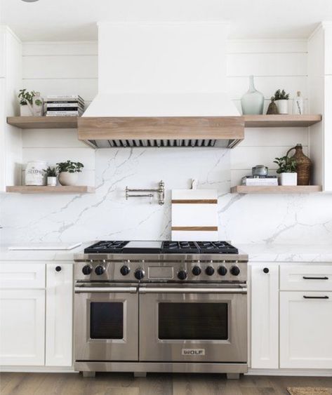 White Range Hood With Open Shelving, Shelves By Range Hood, Backsplash Feature Over Stove, Range Hood No Upper Cabinets, Range Hood With Shelves, Hood With Floating Shelves, Most Popular Kitchen Cabinet Colors, Stove Hood Ideas, Popular Kitchen Cabinet Colors