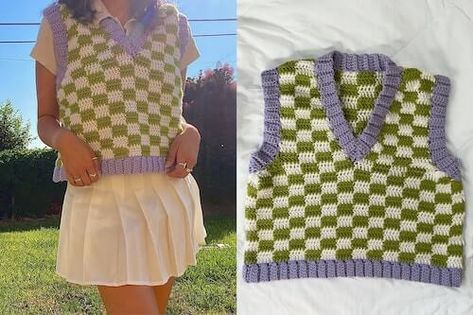 Crochet Sweater Vest Pattern, Sweater Vest Pattern, Checkerboard Sweater, Crochet Sweater Vest, Patchwork Vest, Crochet Vest Pattern, Striped Vests, Crochet Inspo, Crochet Tapestry