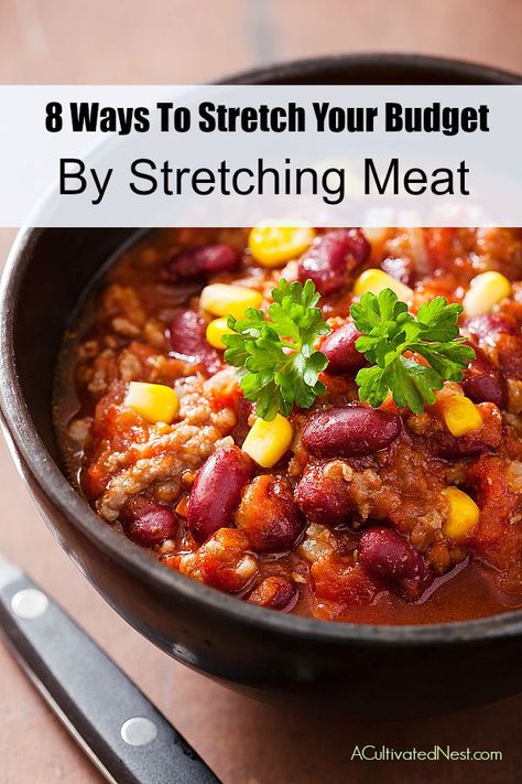 With the cost of meat rising, you might finding it harder and harder to not only add it to your dinner menu each night, but to even keep it as part of your grocery budget! Here are 8 easy ways to stretch meat and make your supply go further. | save money, money saving tips, frugal living, reduce food costs, save money on groceries Healthy Chili Crockpot, Vegetarian Chili Crock Pot, Slow Cooker Vegetarian Chili, Slow Cooker Meals, Swedish Chef, Chili Recipe Crockpot, Slow Cooker Vegetarian, Grocery Budget, Crockpot Chili