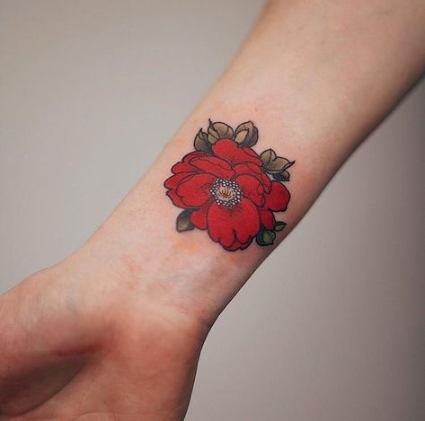 Red Peony Tattoo, Red Flower Tattoo, Peony Flower Tattoo, Red Poppy Tattoo, Red Peony Flower, Japanese Peony, Peony Flower Tattoos, Wrist Tattoo Cover Up, Poppy Tattoo