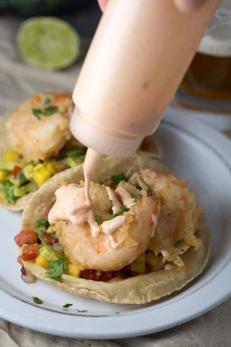 Beer Battered Shrimp Tacos with Mango Salsa and Sriracha Sauce Fish Taco Beer Batter Recipe, Beer Batter Shrimp, Baja Shrimp Tacos Sauces, Baja Fish Tacos Sauce, Shrimp Taco Sauce, Beer Battered Fish Tacos With Baja Sauce, Sriracha Sauce Recipe, Beer Battered Shrimp, Fresh Mango Salsa