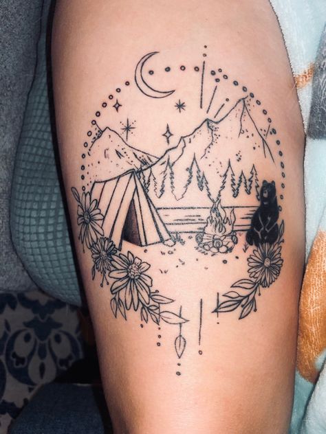 Mountain Tattoo Unique, North Dakota Tattoo, Camping Tattoo For Women, Mountain Tattoo Leg, Flower Leg Tattoos, Cross Stitch Tattoo, Camping Tattoo, Moon Mushroom, Circular Tattoo