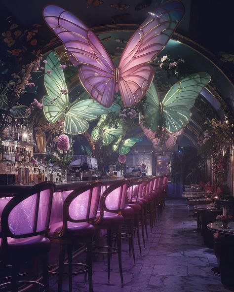 In a hidden corner of New York City lies the Night Butterfly Bar. Tucked away from the chaos of the streets, it’s a sanctuary for those who love the nighttime. Derived from the Dutch word “nachtvlinder,” which captures more than just “night butterfly,” it represents the idea of finding joy and flourishing in the darkness. Here, between the soft glow of the lights, people find comfort in the night. At the Night Butterfly Bar, everyone is welcomed to enjoy its magic within the shadows. AI-gene... Butterfly Night Light, Magical City Aesthetic, Light Architecture Concept, Butterfly Interior Design, Magical Cafe, Indoor City, Butterfly Bar, Night Butterfly, Butterfly Magic