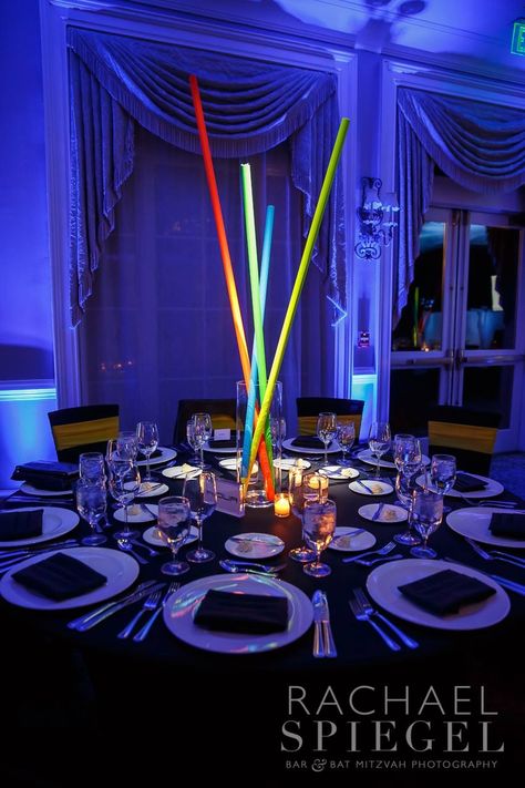 Revolution Event Design and Production_Rachael Spiegel Bar & Bat Mitzvah Photography_Bethesda, MD_Black spandex table linens and neon rods centerpiece_Techy Bar Mitzvah Bar Mitzvah Ideas Boys, Bar Mitzvah Decorations, Fun Favors, Bar Mitzvah Centerpieces, Bat Mitzvah Photography, Mitzvah Centerpieces, Bar Mitzvah Themes, Bat Mitzvah Themes, Sleek Logo