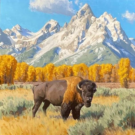 Montana Landscape Painting, Western Painting Canvas, Bison Drawing, Bison Painting, Buffalo Painting, Bison Art, Buffalo Art, Retro Painting, Western Artwork