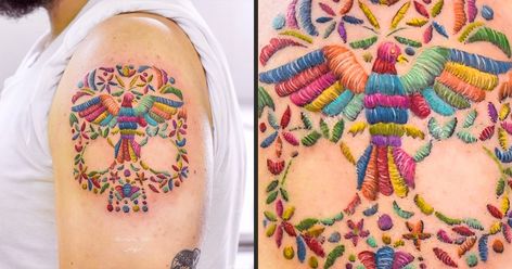 Mexican Artist Creates Tattoos That Seem to Have Been Done With a Needle and Thread Embroidered Tattoo Ideas, Patched Tattoo, Puebla Tattoo, Rectangle Tattoo, Patch Tattoos, Pony Reinhardt, Tato Nama, Embroidery Tattoos, Faith Tattoos