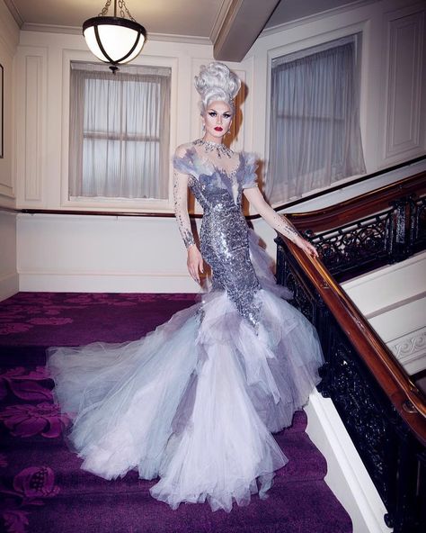 Manila Luzon on Instagram: “Silver Foxy!  Gown by my amazing friend @rebelliondog Christian Satrustegui  Photo by @gregbailey86 from @alrightdarling_zine” Drag Dresses, Drag Queen Costumes, Manila Luzon, Queen Wedding Dress, Pageant Costumes, Queen Outfits, Drag Queen Outfits, Rupaul Drag Queen, Drag King