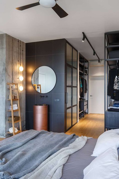 Art & Music Apartment by Svoya Studio Music Apartment, Modern Industrial Apartment, Open Dressing Room, Staircase Shelves, Open Dressing, Entrance Mirror, Industrial Apartment, Studio Living, Large Wall Mirror