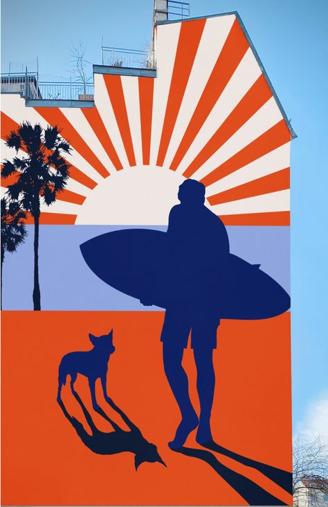 My Endless Summer mural design mocked up on a building. I'd love to paint this in a brach location either on a big wall like this or in a beachy café or surf shop. Beach Pop Art, Summer Mural, Beachy Outdoor Mural Art, Shop Mural, Beach Graffiti, Beach Graffiti Art, Beach Beer, Ocean Mural, Graffiti Wall Art Surfing