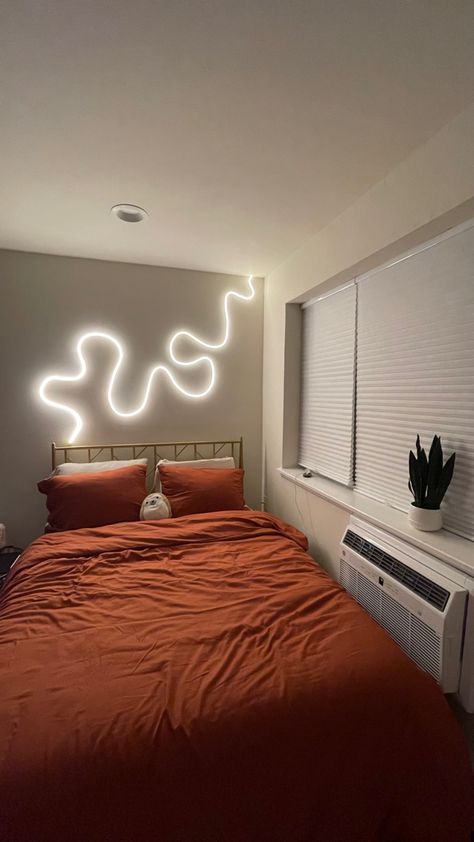 Studio Lights In Bedroom, Grass Wall With Tv, Modern Neon Bedroom, Led Sign Above Bed, Lee Lights Bedroom, Flexible Led Strip Lights Ideas, Neon Strip Lights Bedroom, Squiggly Led Light On Wall, Led Rope Lights Bedroom