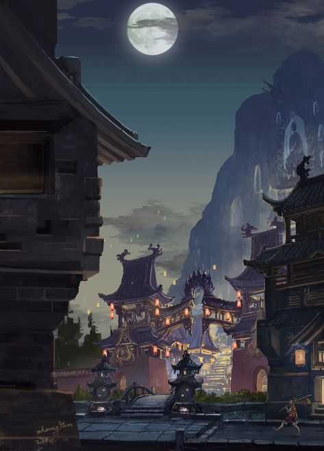 ArtStation - night, MOUSE YAN Have Inspiration, Fantasy City, Fantasy Places, Matte Painting, Fantasy Art Landscapes, City Landscape, Fantasy Concept Art, Night Art, Arte Fantasy