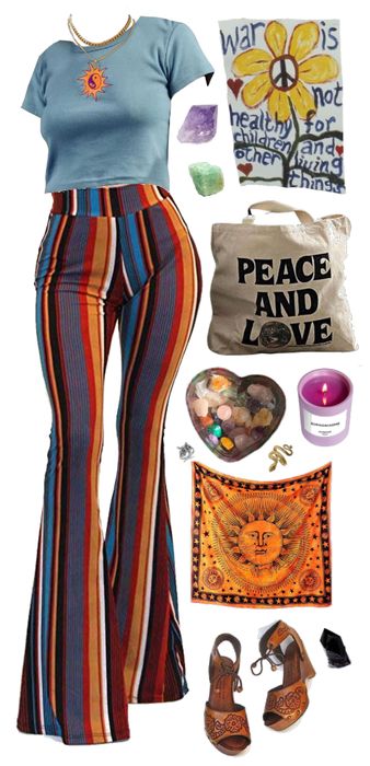 Retro Hippy Outfits, Hippy Style 70s, 70s Outfit Board, Hippie Women Outfits, Hippie Outfits Aesthetic 70s, Cute Hippy Outfit, Girly Hippie Outfits, Fancy Hippie Outfit, 70s Hippy Fashion