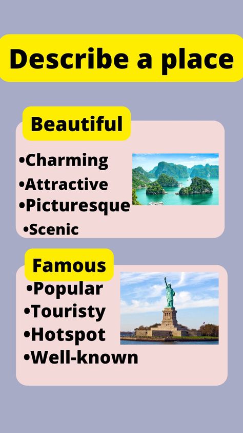 English vocabulary Adjective To Describe Place, Adjectives To Describe A Place, Adjectives Describing Places, Describing Places Vocabulary, Ielts Vocabulary Synonyms, Describing A Place Writing, Ielts Synonyms Words, Adjectives To Describe Places, Improve English Writing Skills