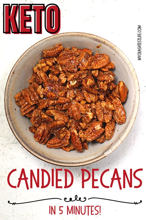 These sugar-free Caramelized Candied Pecans are a cinch to make on the stove, and you can customize them to be spicy, or salty, too! Great for salads, desserts, and cheese boards. Only about 5 minutes of time, these are the perfect grab and go snack for adults as well as kids! Keto Glazed Pecans, Sugar Free Candied Pecans, Keto Pecans Candied, Carmelized Pecans, Keto Candied Pecans, Snack For Adults, Dirty Keto, Flavored Nuts, Spicy Nuts