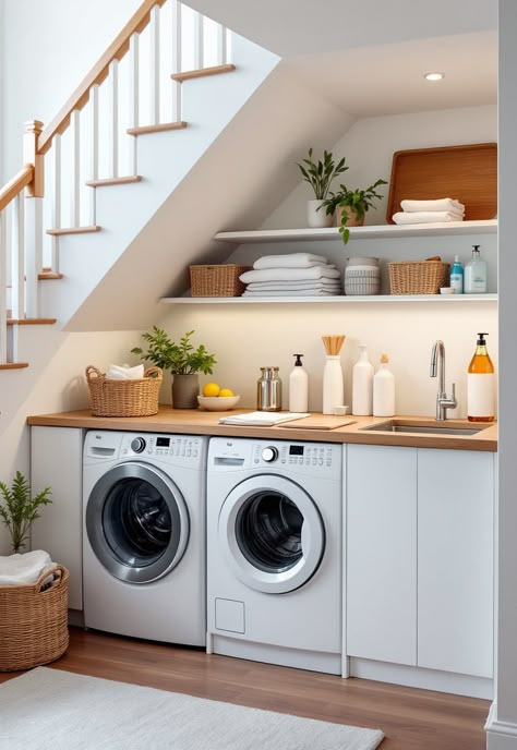 Staircase Storage Under Stairs Staircase Laundry Room, Laundry Room Stairs, Understairs Utility Room, Under Stairs Washing Machine, Washing Machine Under Stairs, Under Stair Laundry, Washer Dryer Under Stairs, Under The Stairs Laundry Room, Laundry Under Staircase