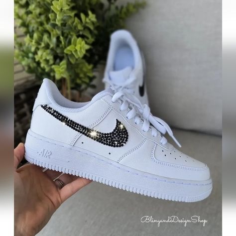 Bling Nike Air Force 1 Low Sneakers Customized with Black Swarovski Crystals Sneakers Customized, White Casual Sneakers, Nike Waffle, Bling Shoes, Nike Air Force 1 07, Nike Air Force Ones, Air Max Women, Nike Air Huarache, Air Huarache