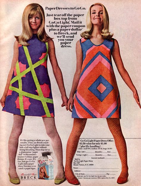 Paper dresses became a fad in the 60s. They started out as a promotion for a paper company but caught on quickly. 60’s Fashion, Paper Dresses, 1960 Fashion, Paper Clothes, 60's Style, 60s 70s Fashion, Fashion 1960s, 60s And 70s Fashion, 1960's Fashion