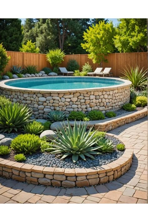 Transform Your Backyard with These Stunning Above Ground Pool Ideas Pool Patio Landscaping Backyard Ideas, Natural Inground Pool, Landscaping For Above Ground Pools Ideas, Landscape Above Ground Pool, Full Sun Pool Landscaping Ideas, Cheap Above Ground Pool Ideas, Cheap Pool Landscaping Ideas, Above Pool Landscaping Ideas, Raised Pool Ideas