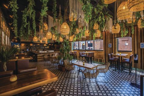 Chicago Mexican Restaurant The Diver Opens In River North Latin Restaurant Design, Tulum Restaurant Design, Taco Restaurant Design, Mexican Bar Ideas, Mexican Restaurants Interior, Modern Mexican Restaurant, Bamboo Lights, Latin Restaurant, Rattan Lights