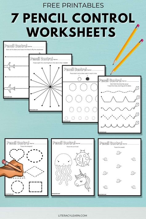 7 worksheets on a blue background surrounded by pencils and a hand drawing with the words "Free Printables: 7 Pencil Control Worksheets." Letters Practice Kindergarten, Preschool Handwriting Worksheets, Fun Handwriting Practice, Letter Printing Practice Free Printable, Letter Writing Practice Preschool, Handwriting Kindergarten Practice, Writing For Preschoolers Free Printable, Preschool Pencil Control Worksheets Free, Pre Writing Strokes Worksheet