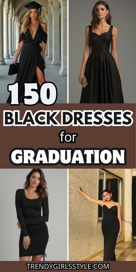 150+ Black Dresses for Graduation: Find the perfect black dress to celebrate your big day in style! From chic and trendy to timeless and elegant, these graduation dresses will make you stand out and feel confident. #graduationstyle #blackdress Black Dresses For Graduation Ceremony, Graduation Dress Ideas Black Women, Graduation Outfit Ideas Black Dress, Black Dresses For Graduation, Elegant Graduation Outfit, Black Graduation Outfit, Black Graduation Dresses, Black Dress For Graduation, Dresses For Graduation Ceremony