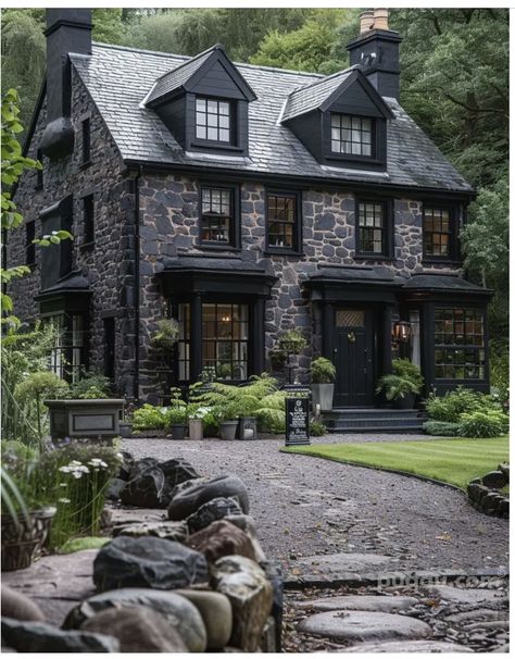 Black Brick House, Dark Academia House, Academia House, Black Houses, Black Brick, Fantasy House, Beautiful Houses, Stone Houses, Design Your Dream House