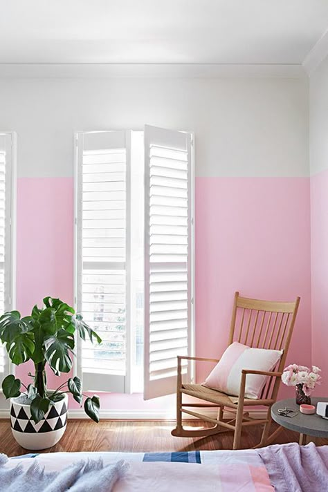 6 Pastel Color Block Walls We’re Loving Three Quarter Painted Wall, Open Shutters, Half Painted Walls, White Shutters, Easy Room Decor, Wall Colour, Window Shutters, Pink Wall, Design Del Prodotto