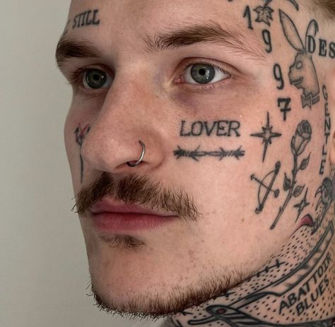 Face Tattoos Ideas, White Ink Face Tattoo, Face Tattoo Men, Bald Person, Mens Face Tattoos, Nose Tattoo, Small Face Tattoos, Temple Tattoo, Face Tats