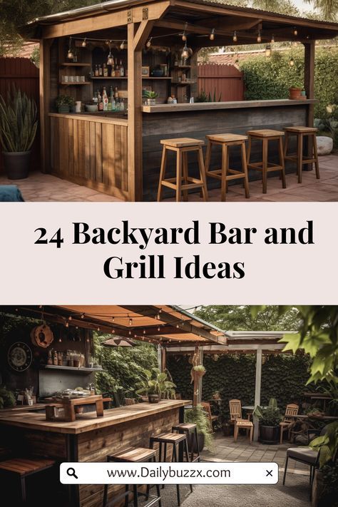 Discover extraordinary backyard bar and grill ideas to create the ultimate outdoor entertainment space. Get inspired and turn your backyard into a haven for food, fun, and relaxation! Backyard Bbq Island Ideas, Outdoor Bar With Cooler, Vintage Outdoor Bar Ideas, Backyard Pergola Bar Ideas, Garden Bar And Bbq Area, Diy Outdoor Bar Grill Area, Backyard Ideas Entertaining, Outdoor Rustic Bar Ideas, Outside Bar And Grill Ideas