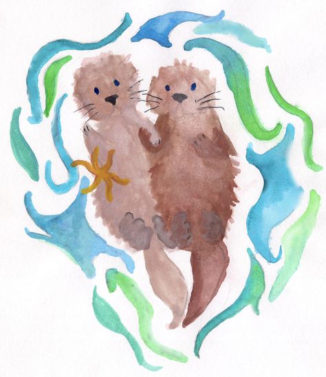 Holding Hands Watercolor, Sea Otters Holding Hands, Hands Watercolor, Otter Drawing, Otters Holding Hands, Otter Illustration, Otter Art, Sea Otters, Sea Otter