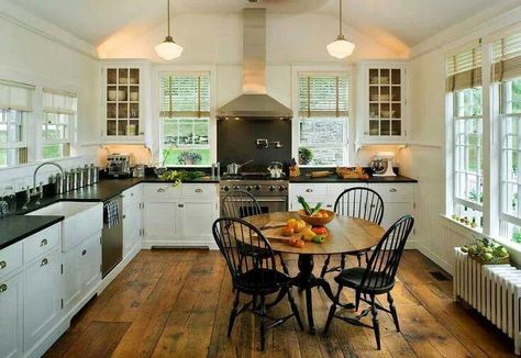 I would like an EAT-IN kitchen, with NO CENTER ISLAND!  And no fancy dining room for me.  I want to eat right where the food is cooked! Rustic Wood Floors, School House Lighting, Cottage Style Kitchen, Wood Floor Kitchen, Style Cottage, Cozy Kitchen, Up House, Counter Tops, Eat In Kitchen