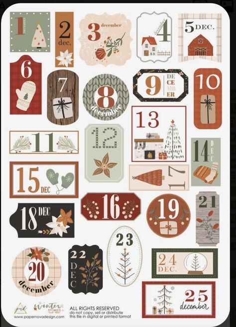 Halloween Labels Free, Xmas Illustration, Printable Advent Calendar, Fall Decor Diy Crafts, Calendar Numbers, Halloween Labels, Advent Calenders, Christmas Journal, Christmas Calendar