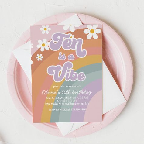 Groovy Ten is a vibe Retro Rainbow 10th Birthday Invitation - Birthday Invitation 10th Birthday Invitation, Eleventh Birthday, Groovy Birthday, Rainbow Birthday Invitations, Girls Party Invitations, 2nd Birthday Invitations, Retro Daisy, Retro Birthday, 10th Birthday Parties