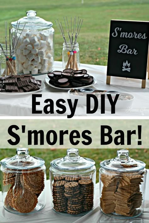 Smores Bar Party, Backyard Party Food, Smores Station, Smores Party, Smores Bar, Bonfire Party, Party Food Buffet, S'mores Bar, Diy Event