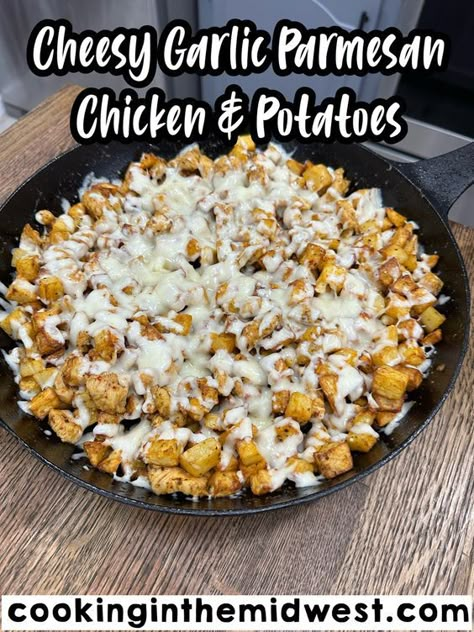 Cheesy Garlic Parmesan Chicken And Potato Skillet, Garlic Parmesan Chicken And Potato Skillet, Garlic Parmesan Chicken And Potatoes Air Fryer, Parmesan Garlic Chicken Potatoes, Garlic Chicken And Potatoes Skillet, Chicken Potato Parmesan Bake, Garlic Parm Chicken And Potatoes Skillet, Chicken Parmesan And Potatoes, Garlic Chicken Potatoes