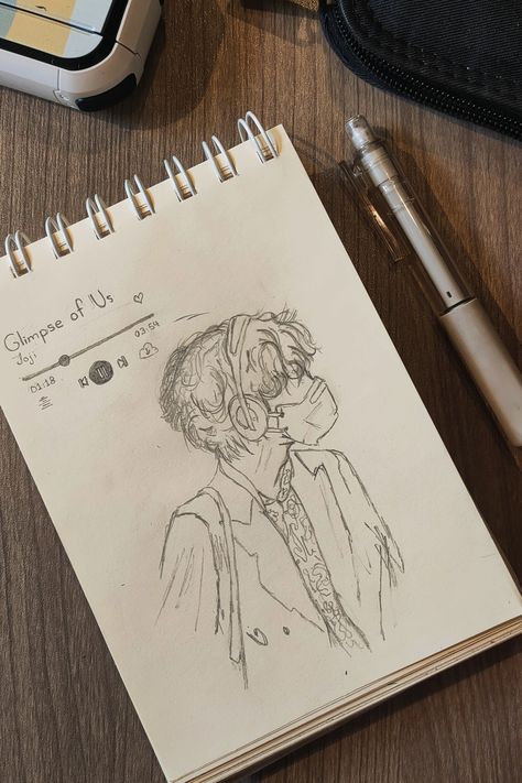 A pencil drawing of a korean boy listening to Joji - Glimpse of us Korean Drawing Sketch, Quick Sketch Ideas Sketchbooks, Art Korean Drawings, Kpop Sketch Pencil Easy, Sketchbook Art Journal Pencil, Cute Korean Drawings, Drawing Korean Style, Korea Art Draw, Korean Style Drawing