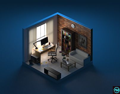 Isometric Home Office Office Isometric, Living Room Cinema, Isometric Office, Render Bathroom, Isometric Rooms, Room Cinema, Isometric Room, Hospital Office, 3d Isometric