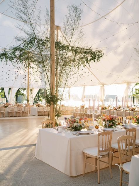 Backyard Wedding Reception Tent Long Tables, Wedding On Water Ideas, Waterfront Tent Wedding, Tent Wedding Table Layout, Italian Tent Wedding, Waterfront Wedding Decor, Tent Wedding Florals, Lake Side Wedding Decor, Waterfront Wedding Reception