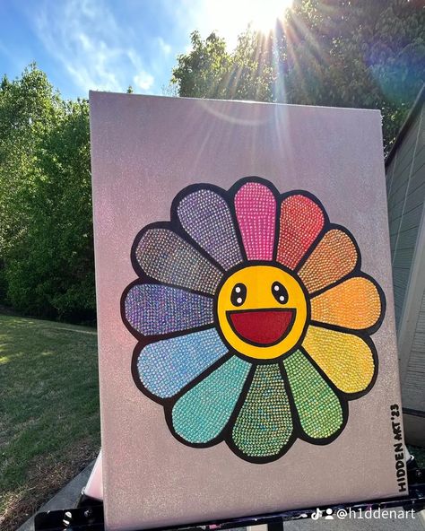 Murakami Flower Painting, Takashi Murakami Flower, Flower Room Decor, Murakami Flower, Hidden Art, Drawing Ideas List, Cd Art, Takashi Murakami, Mini Canvas Art