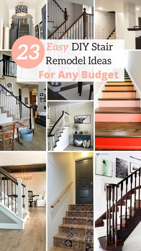 23 DIY Design Ideas and Tips to Remodel Your Staircase Stairway Upgrade, Stair Remodel Diy, Staircase Remodel Diy, Stairs Decor Ideas, Stairwell Ideas, Stair Railing Makeover, Diy Staircase Makeover, Diy Stair Railing, Stairs Makeover Ideas